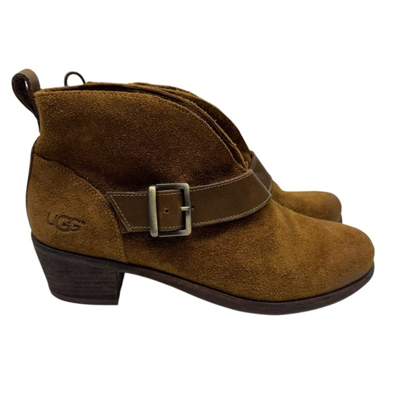 UGG Wright Boots Women’s 6.5 Belted Brown Suede Ankle Chukka Booties Leather - Picture 2 of 14